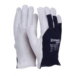 Védőkesztyű, kecskebőr, DONAU "Safety", 9/L méret, fehér-tengerészkék