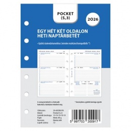 Kalendárium betét, tervező, Filofaxhoz, pocket méret, heti, 1 hét/2 oldal, 2026
